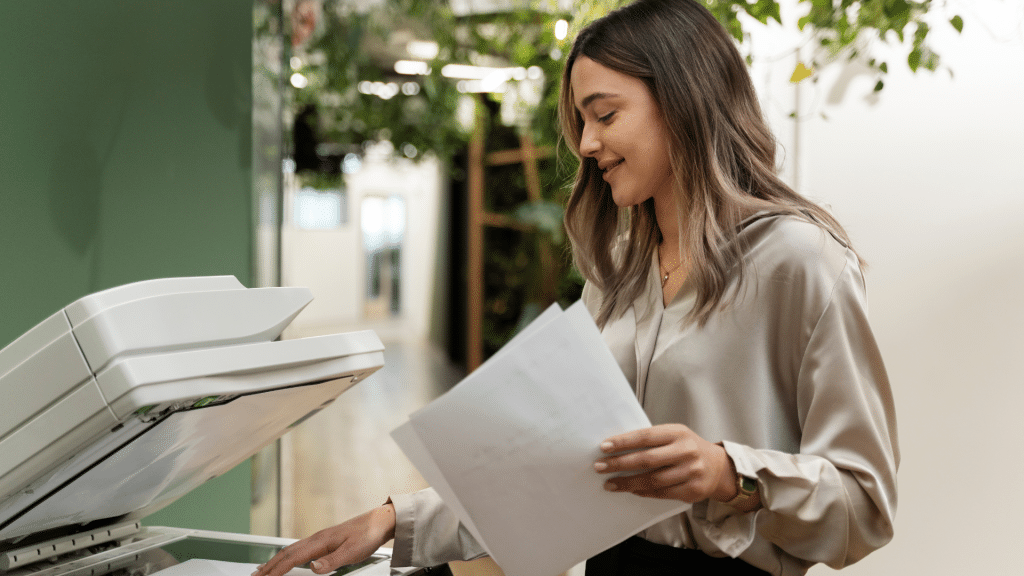 Utilisation des imprimantes multifonction éco-responsables dans un espace de travail optimisé et végétalisé.