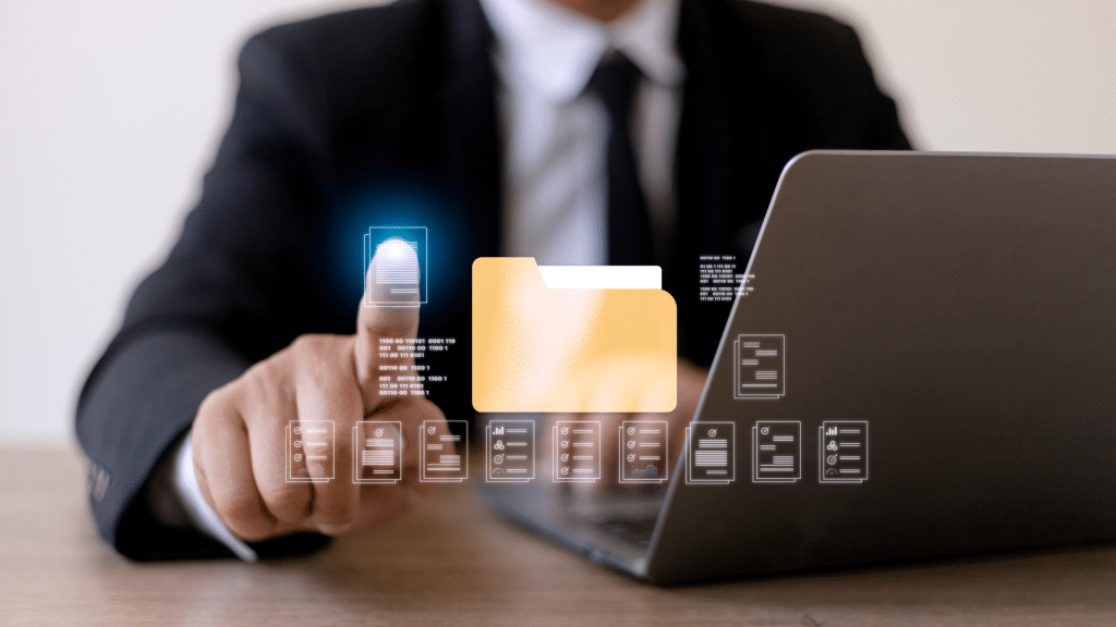 Scène représentant la dématérialisation des documents avec un utilisateur interagissant avec des fichiers numériques via une interface virtuelle.