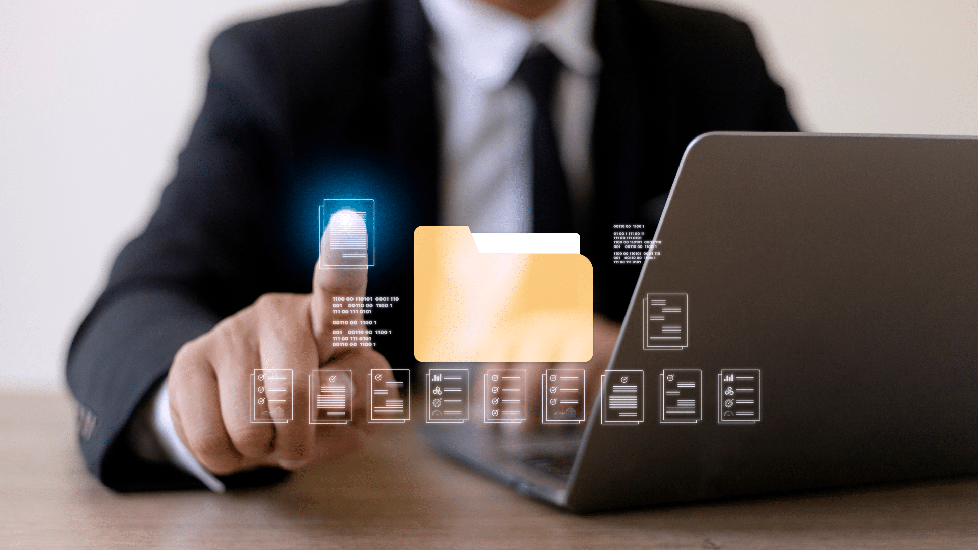 Scène représentant la dématérialisation des documents avec un utilisateur interagissant avec des fichiers numériques via une interface virtuelle.